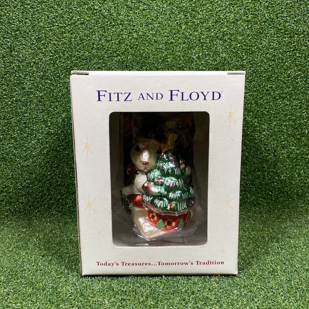 Fitz and Floyd Rabbit Holding Green Christmas Tree Blown Glass Ornament